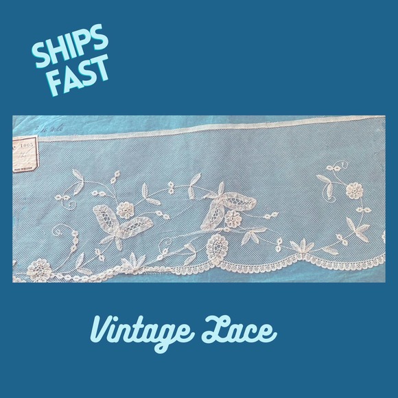 Antique Handmade Brussels Appliqué Lace Border Rectangular Panel, 17” by 7” - Picture 1 of 8